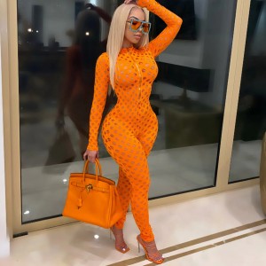 Echoine Sexy Hollow Out Fishnet Jumpsuit Women Long Sleeve See Through Zipper Bodycon Skinny Rompers Clubwear Outfits Party